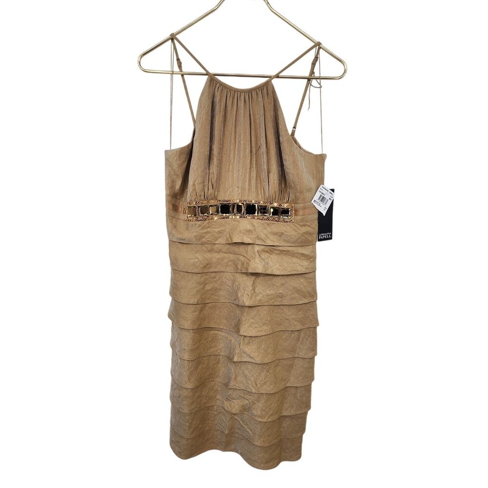 New NWT Adrianna Papell Gold Tiered Halter Cocktail Dress Size 10